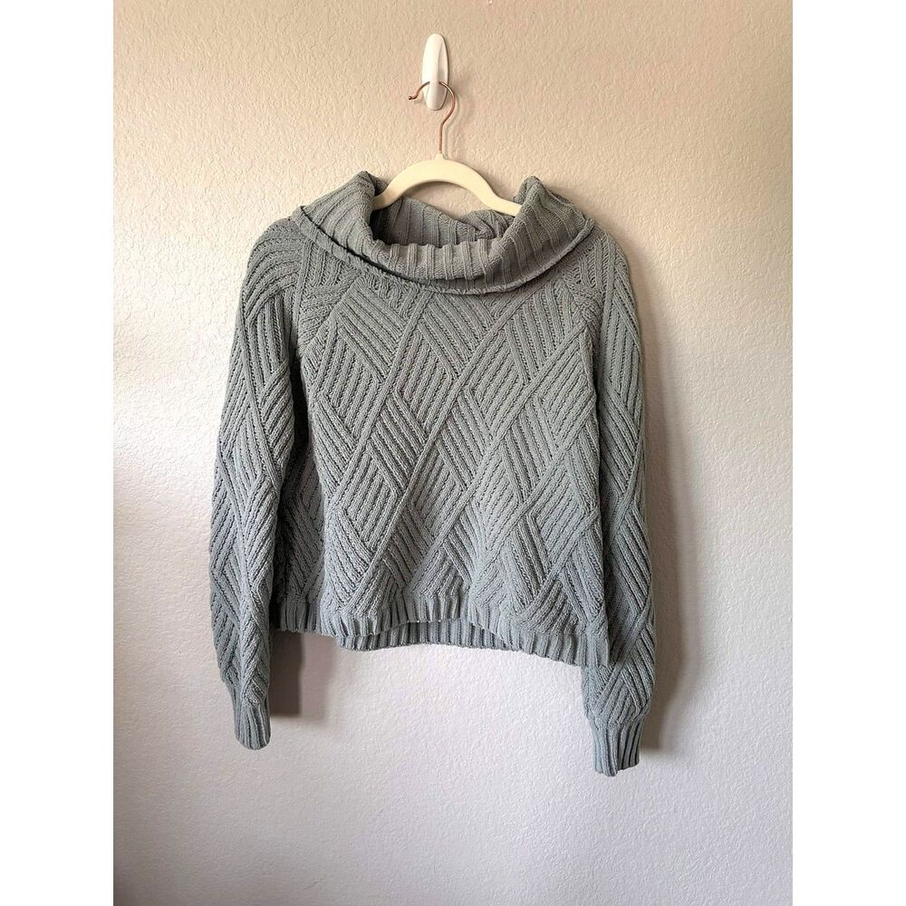 Sincerely Jules Small Sage Green Chenille Cowl Neck Diamond Cable Knit Sweater